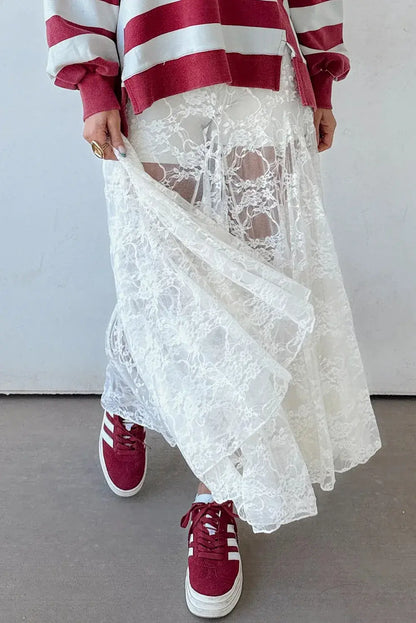White Sheer Floral Lace Flowy Maxi Skirt - Sweet Fashion Wholesale