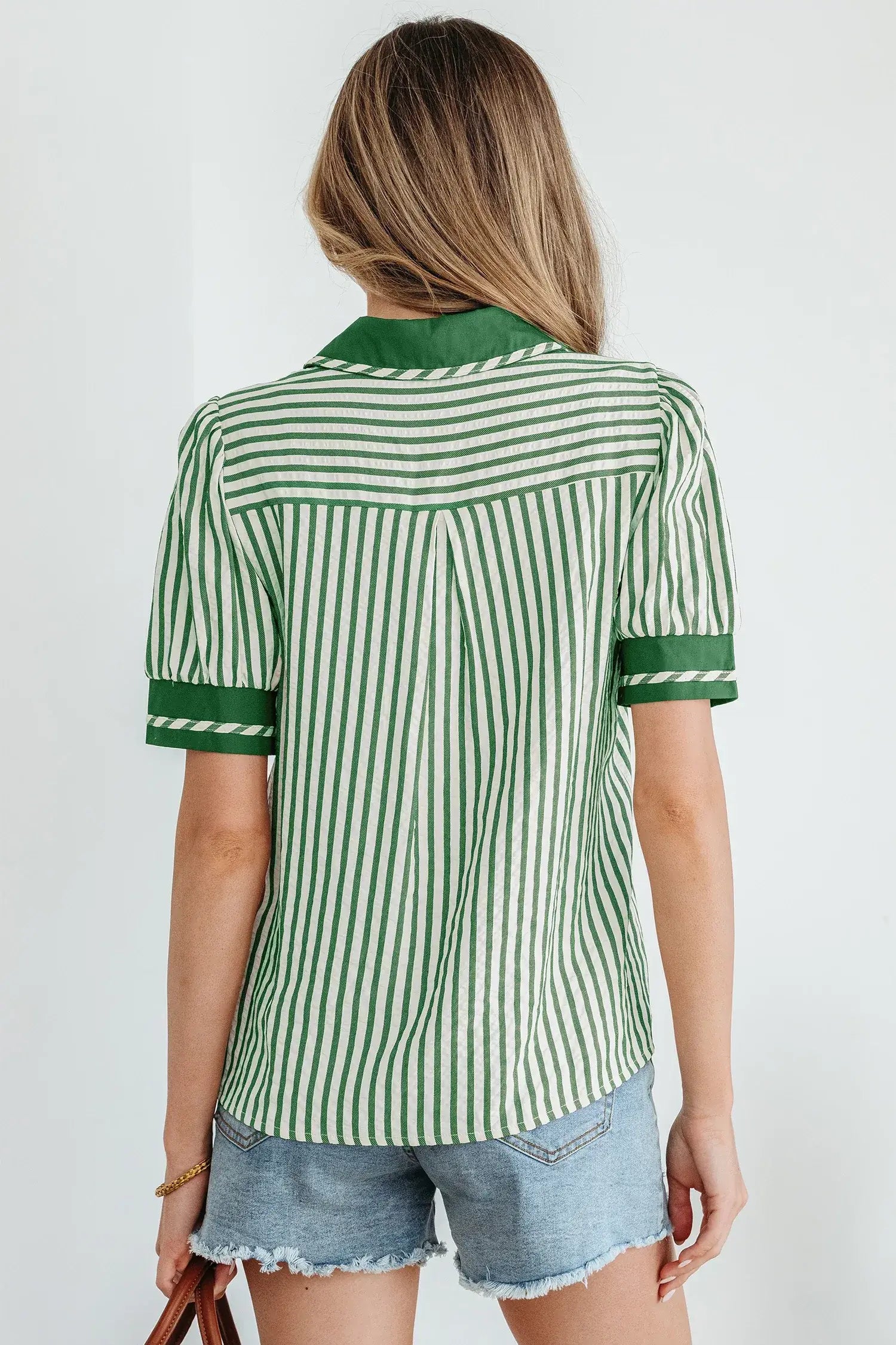 Black Stripe Collared Split Neck Short Bubble Sleeve Blouse - Sweet Fashion Wholesale