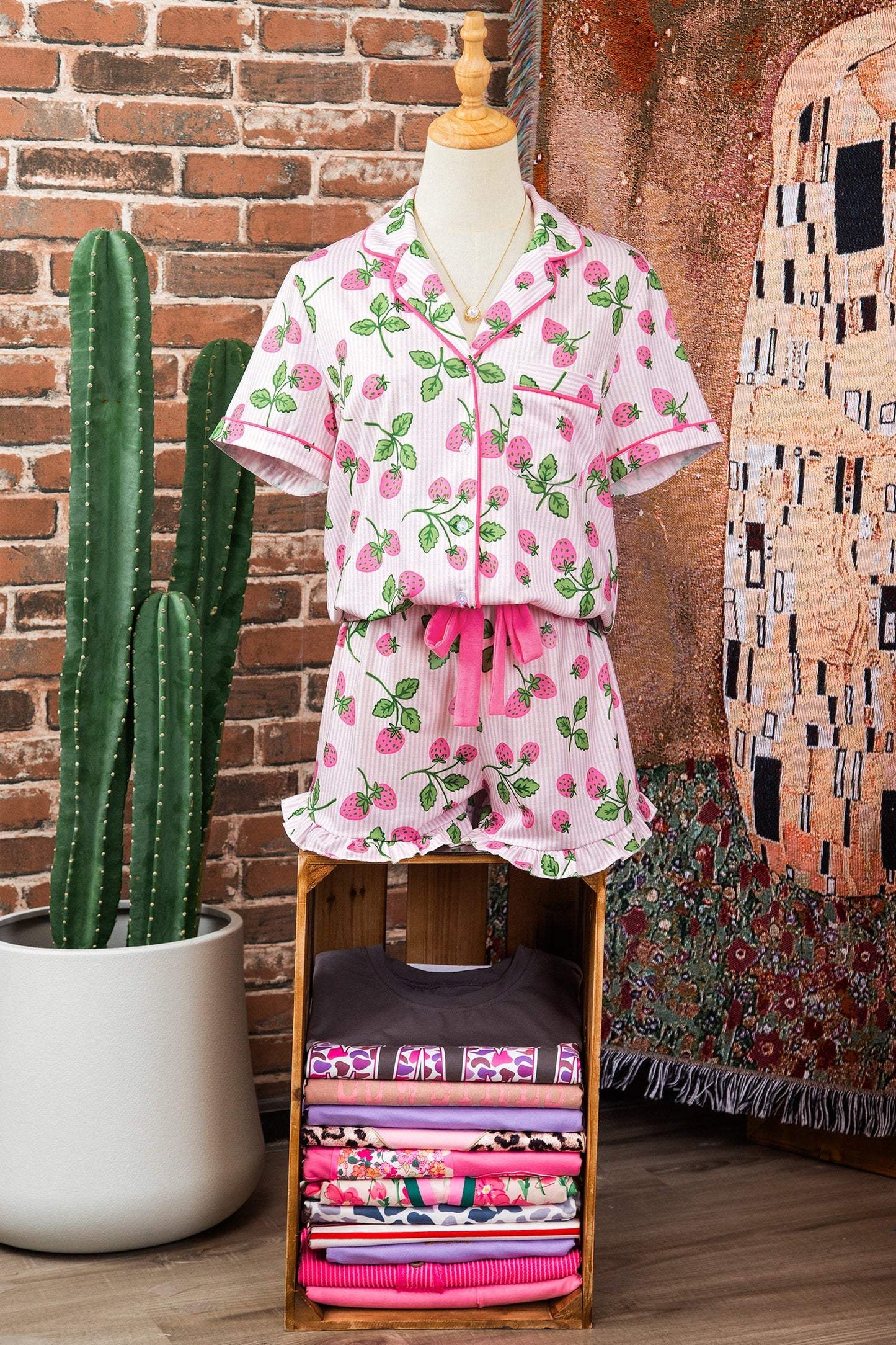 Pink Striped Strawberry Print Lapel Shirt Drawstring Shorts 2pcs Pajama Set