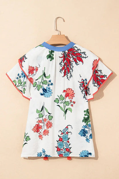 White Floral Print Contrast V Neck Tassel Tie Lace Detail Short Sleeve Blouse