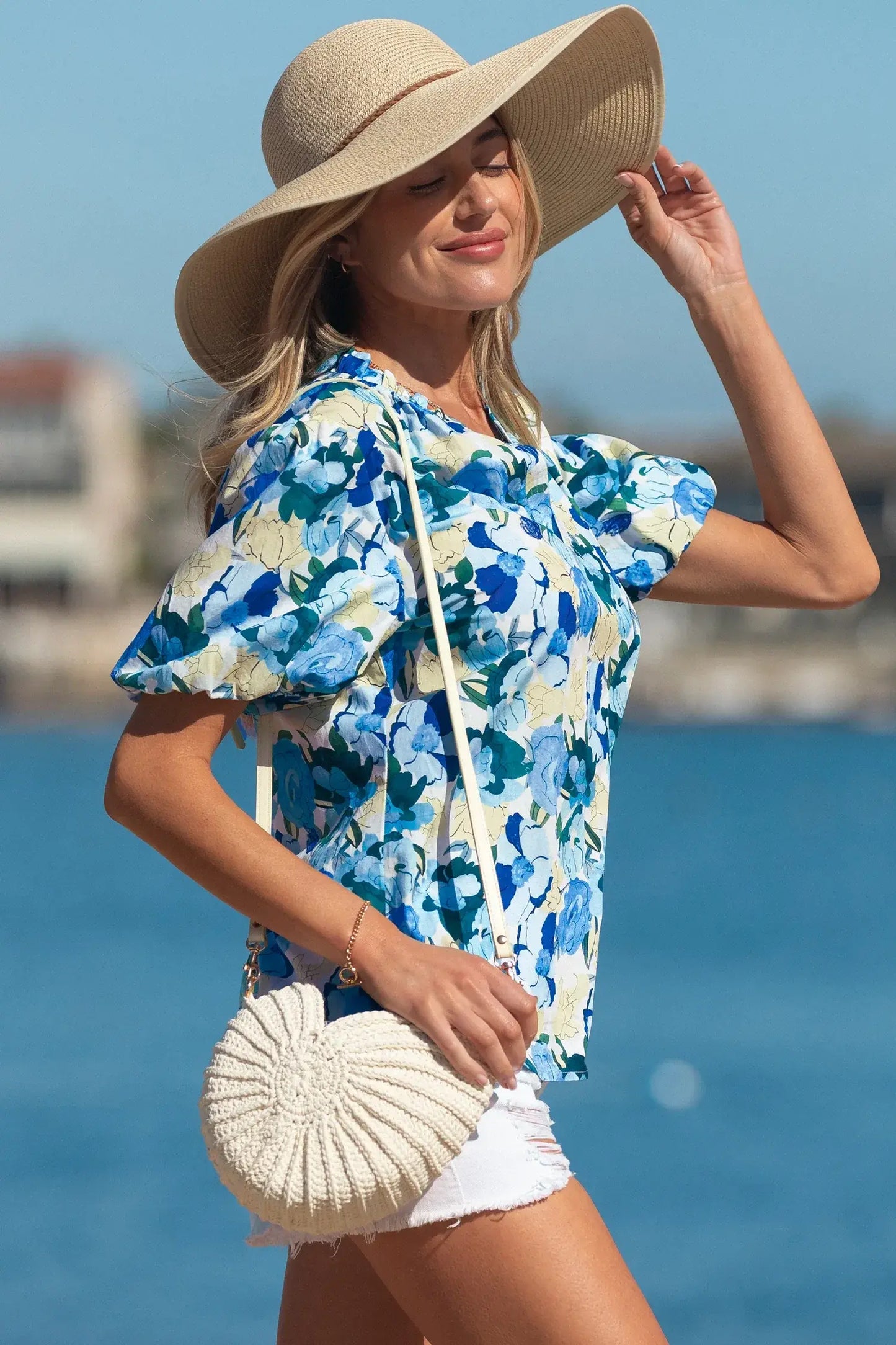 Sky Blue Floral Print Short Puff Sleeve V Neck Blouse - Sweet Fashion Wholesale