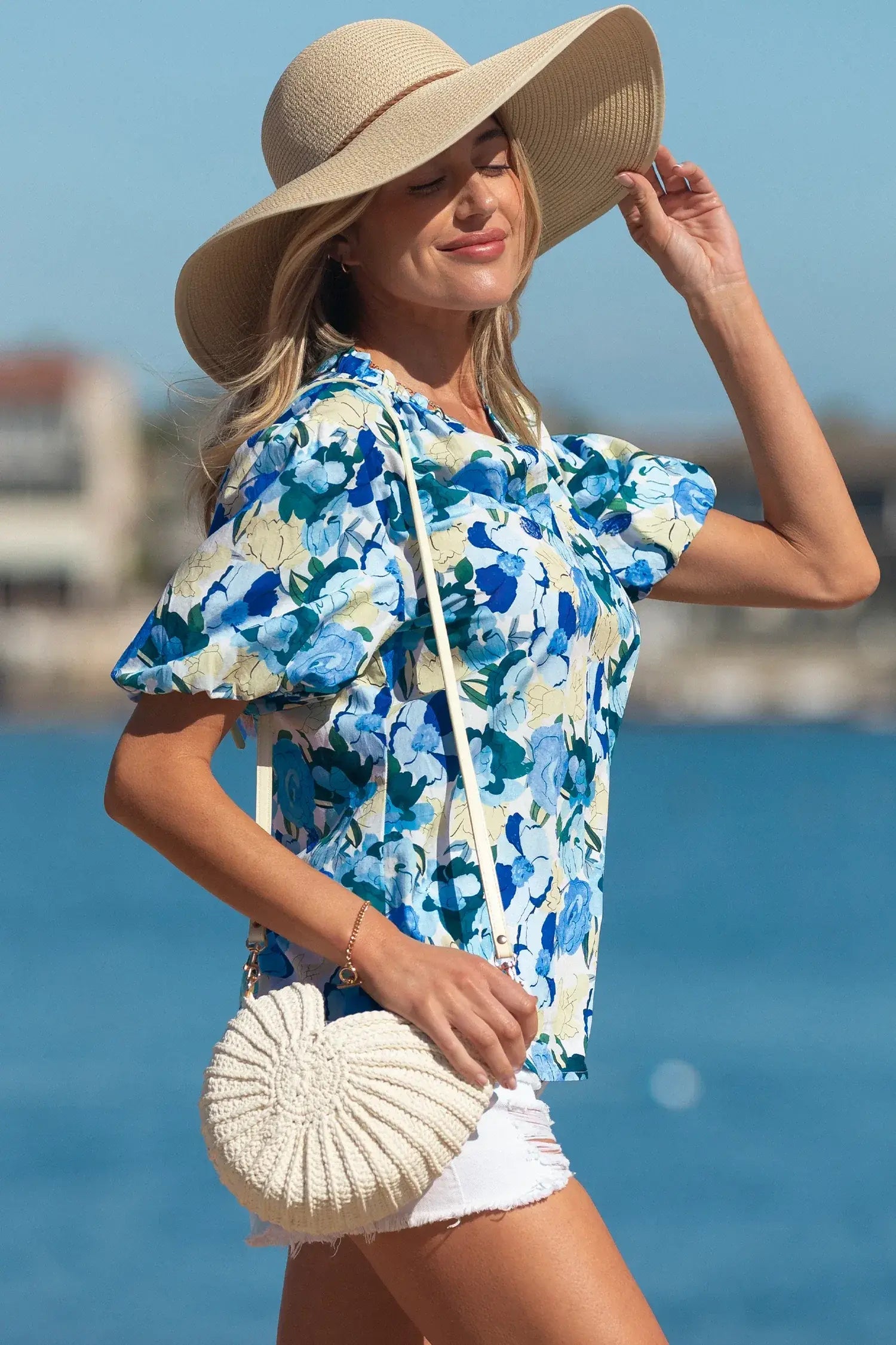 Sky Blue Floral Print Short Puff Sleeve V Neck Blouse - Sweet Fashion Wholesale