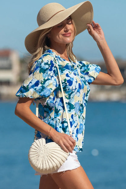 Sky Blue Floral Print Short Puff Sleeve V Neck Blouse - Sweet Fashion Wholesale