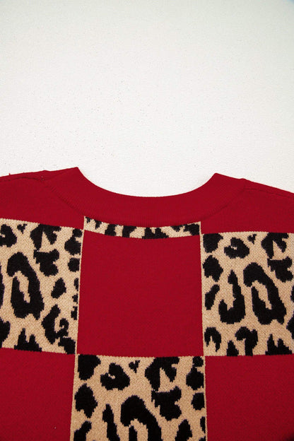 Red Plus Size Leopard Contrasted Checkered Short Sleeve Sweater