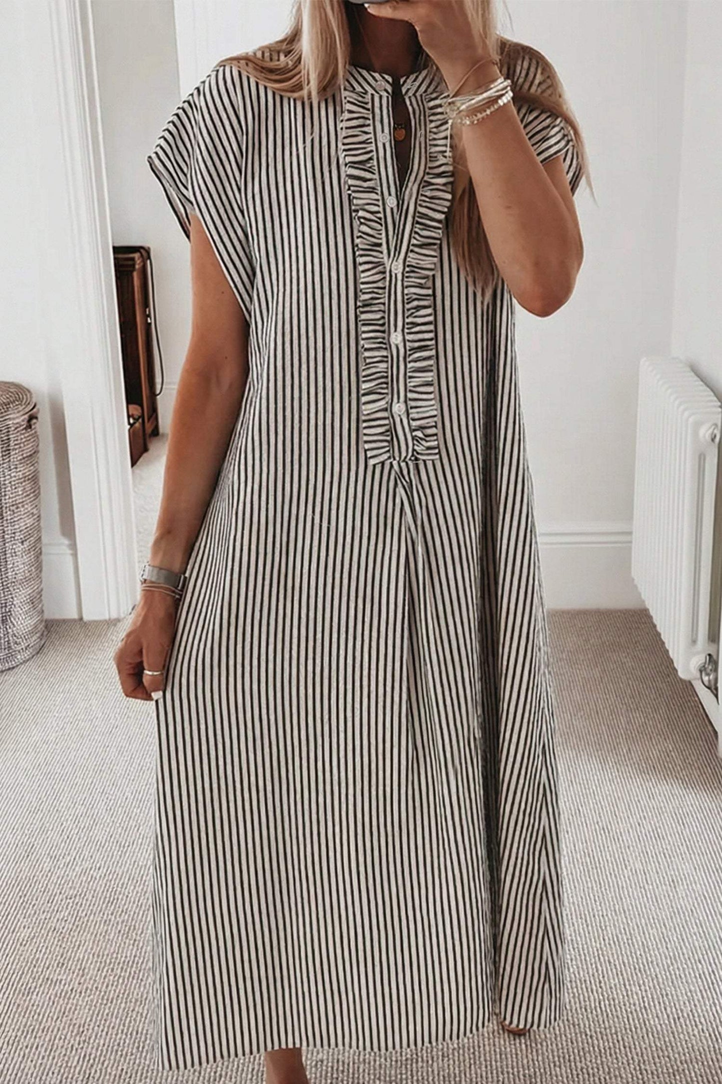 Red Stripe Frilled Detail Half Buttons Short Sleeve Long Dress
