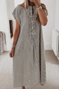 Red Stripe Frilled Detail Half Buttons Short Sleeve Long Dress