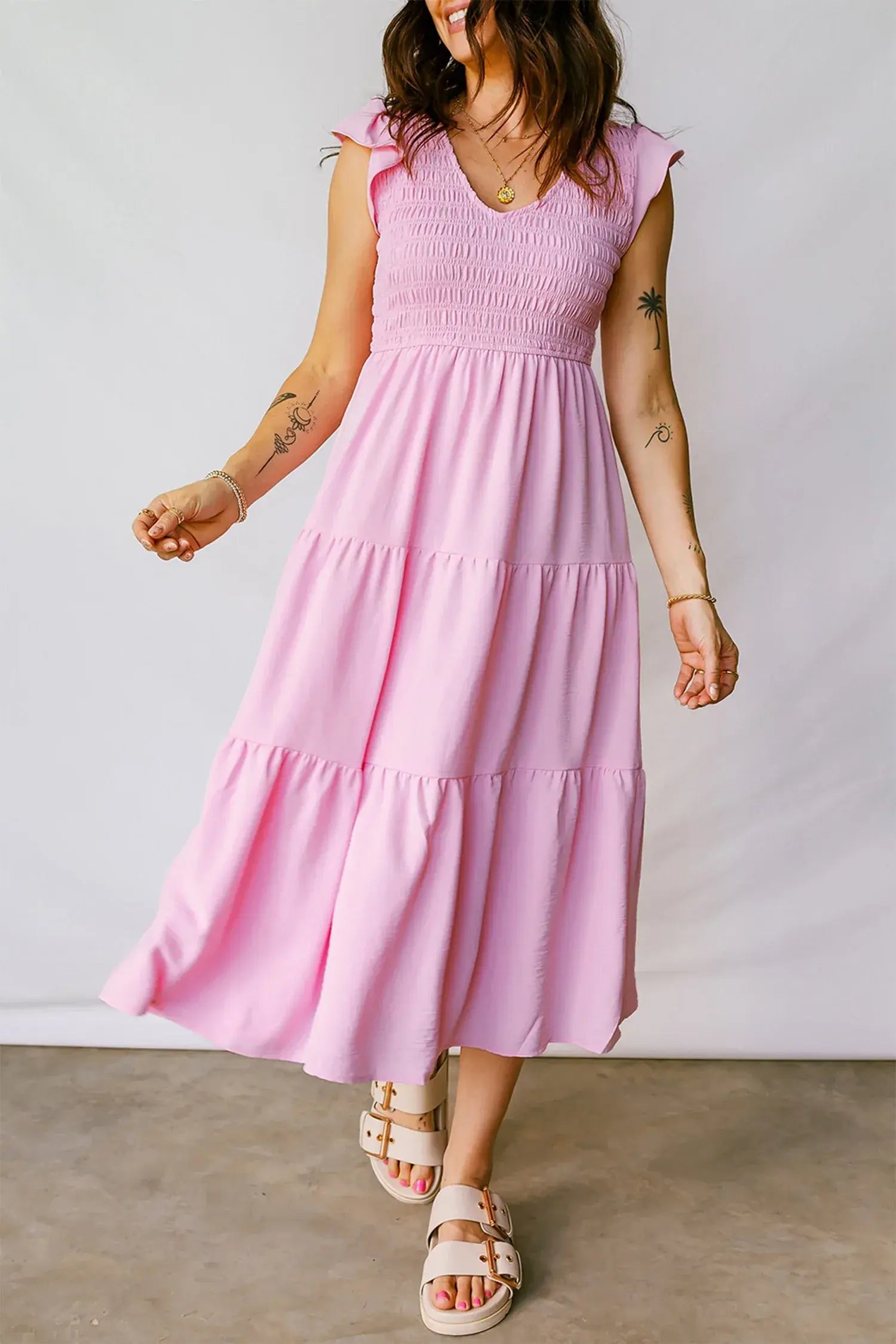 Pink Smocked Bodice Flutter Sleeve Fit Flare Tiered Midi Dress - Sweet Fashion Wholesale