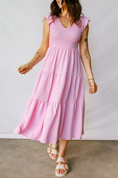 Pink Smocked Bodice Flutter Sleeve Fit Flare Tiered Midi Dress - Sweet Fashion Wholesale