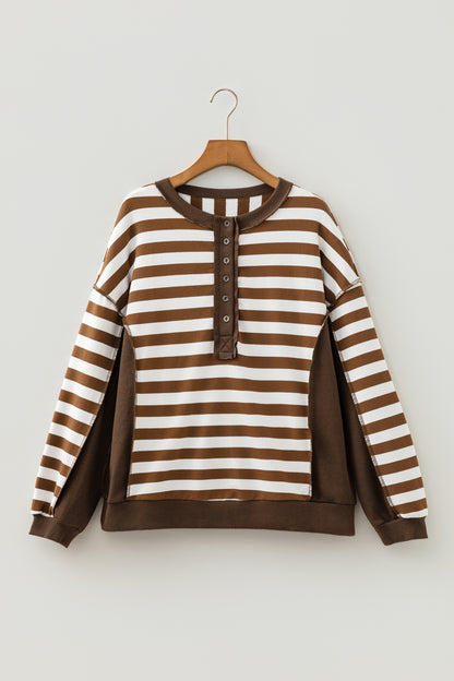 Brown Stripe Exposed Seam Color Block Patchwork Button Placket Sweatshirt