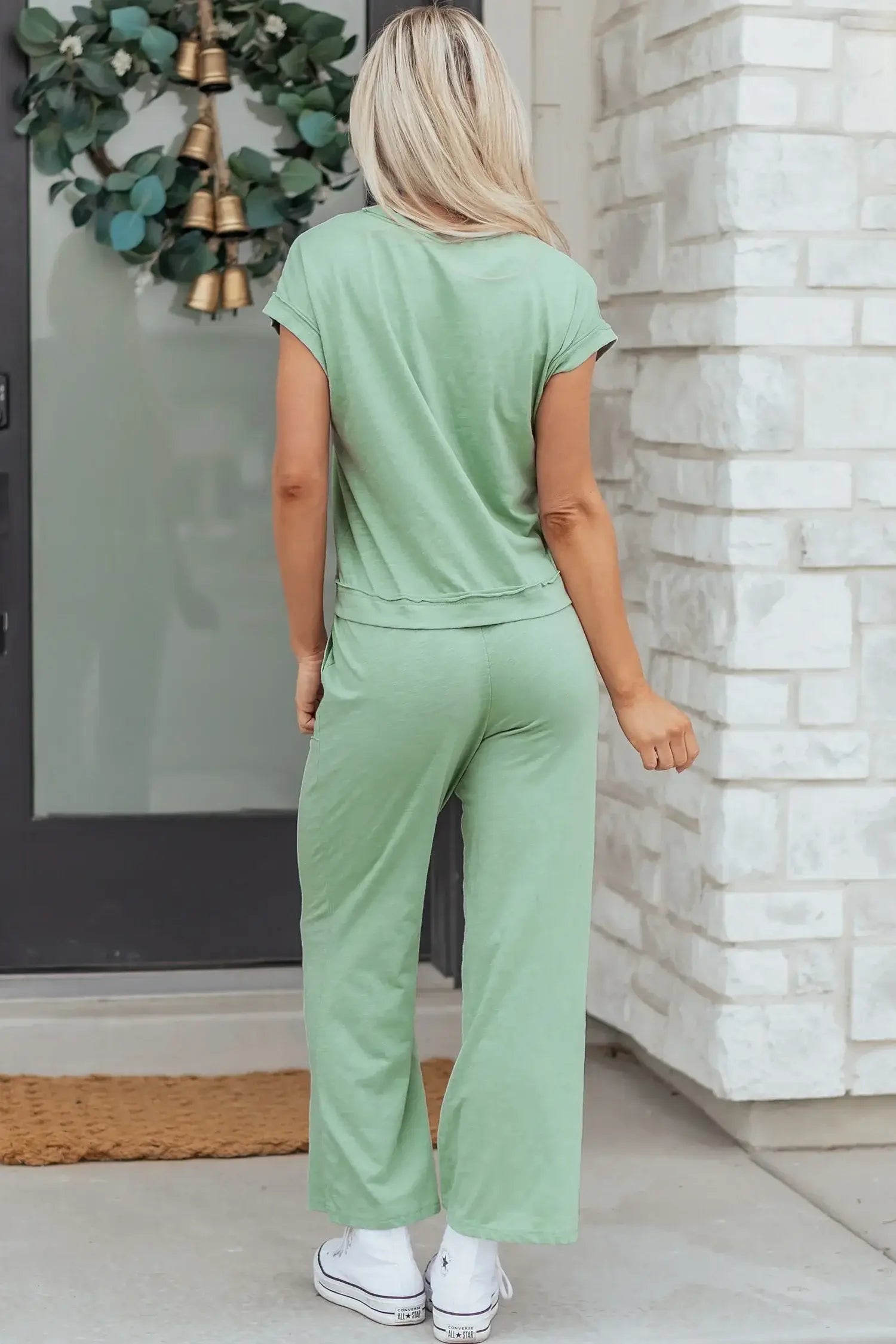 Canton Cuffed Short Sleeve Tee Raw Seam Patch Pocket Drawstring Pants Set - Sweet Fashion Wholesale