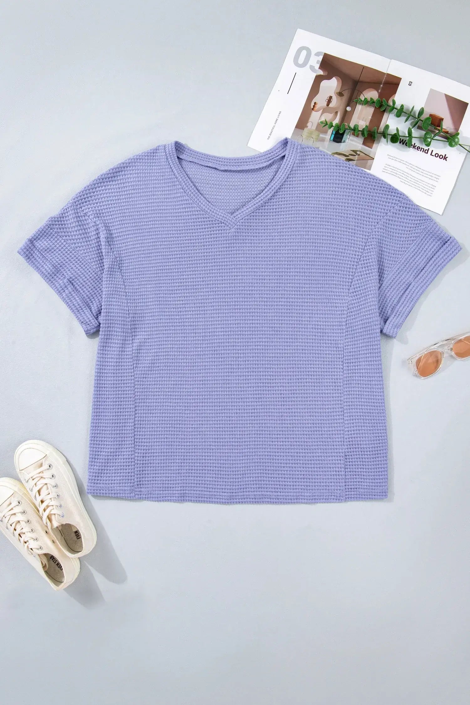 Wisteria V Neck Short Sleeve Plus Size Waffle Knit Top - Sweet Fashion Wholesale