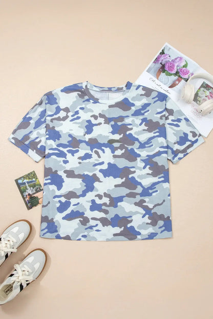 Gray Plus Size Camouflage Print Textured Casual Tee - Sweet Fashion Wholesale