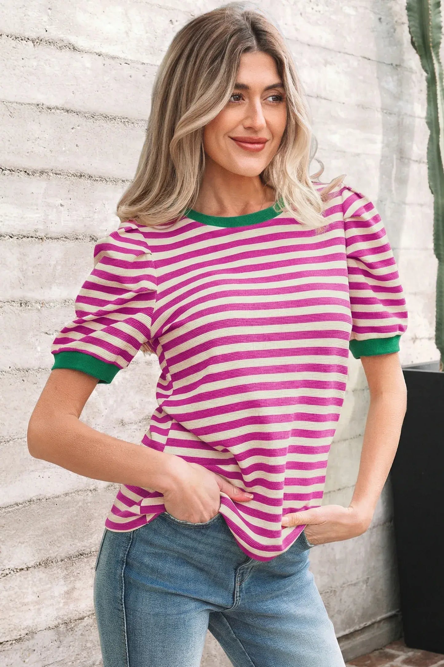 Rose Stripe Short Puff Sleeve Contrast Trim Round Neck Tee - Sweet Fashion Wholesale