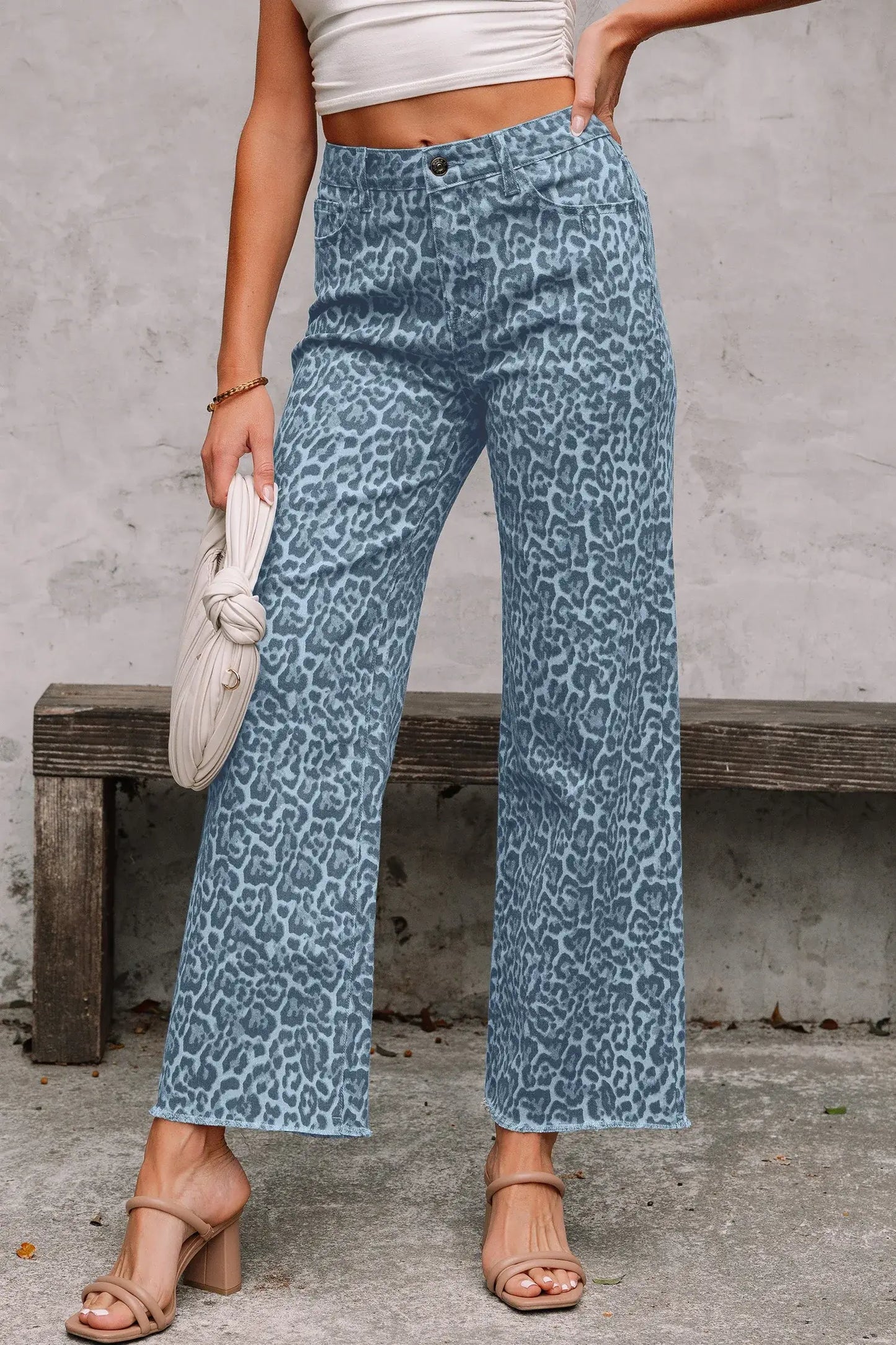 Gray Leopard Frayed Edge Wide Leg High Waist Jeans - Sweet Fashion Wholesale