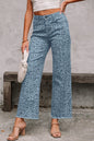 Gray Leopard Frayed Edge Wide Leg High Waist Jeans - Sweet Fashion Wholesale
