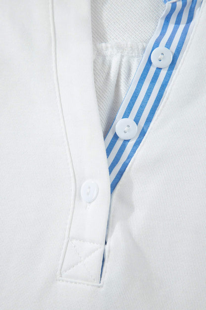 Sky Blue Striped Frilled Collar Short Sleeve Blouse