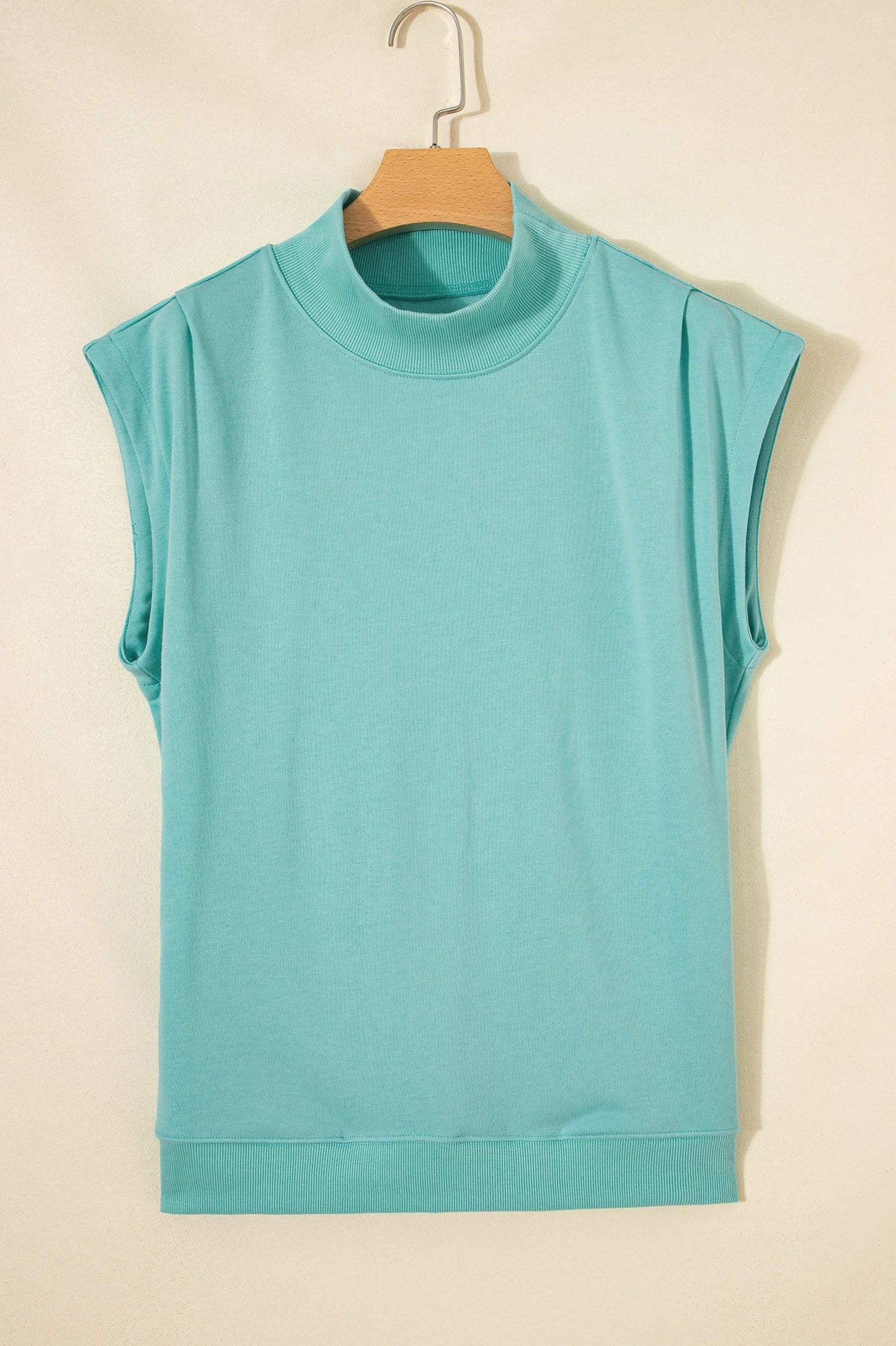 Mint Green Solid Color High Neck Cap Sleeve Loose Top