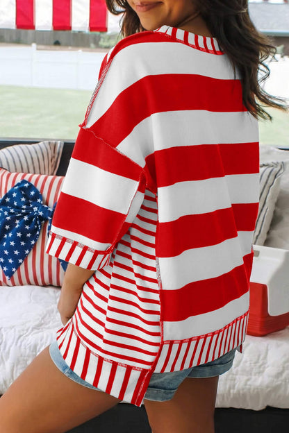 Red Stripe Sequin Bow Patriotic Half Sleeve Top