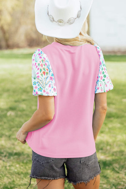 Pink Round Neck Textured Contrast Floral Bubble Sleeve Blouse