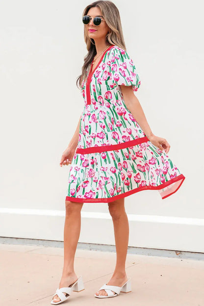 Pink Floral Print Contrast Trim V Neck Bubble Short Sleeve Babydoll Dress
