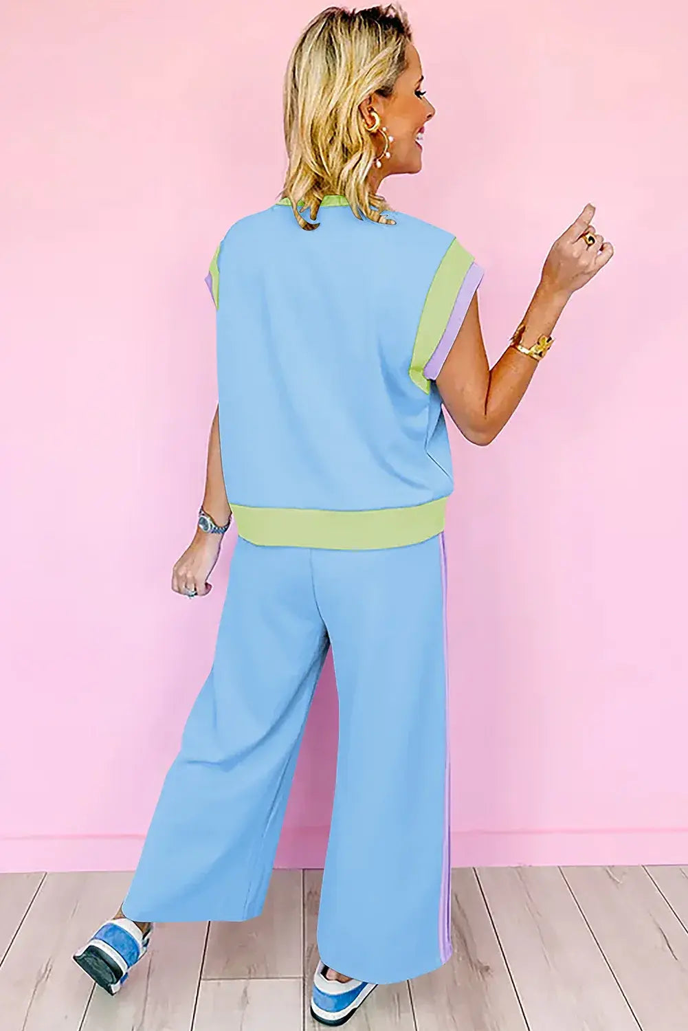 Dark Green Color Block Detail Casual Two-piece Set - Sweet Fashion Wholesale