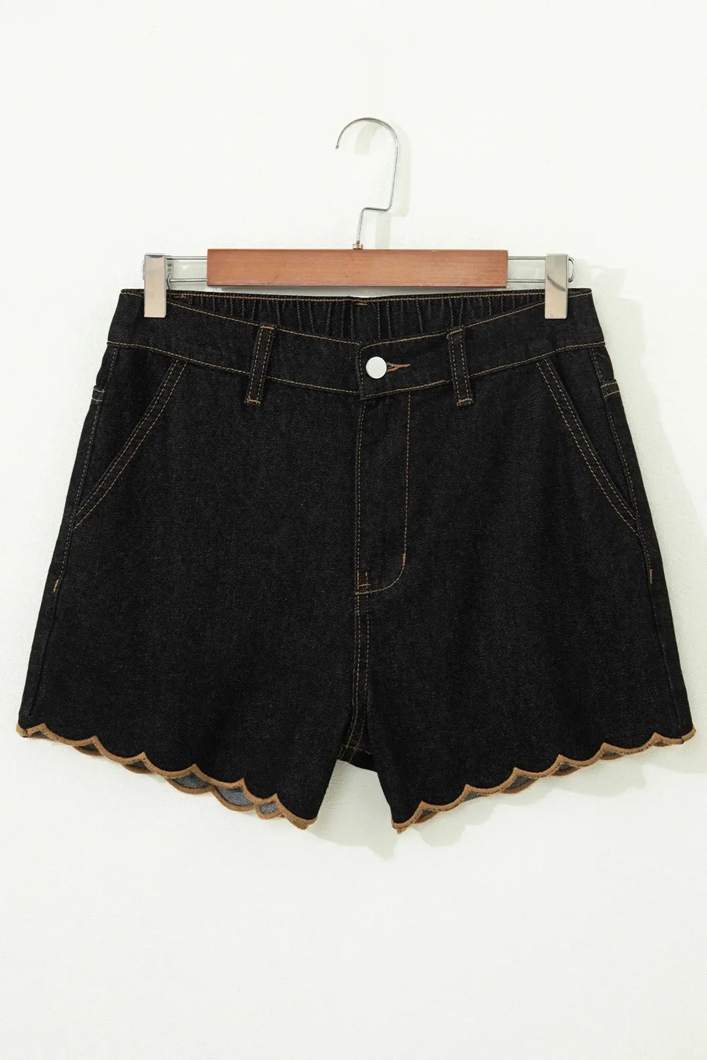 Navy Blue Embroidered Scalloped Trim Relaxed Denim Shorts - Sweet Fashion Wholesale