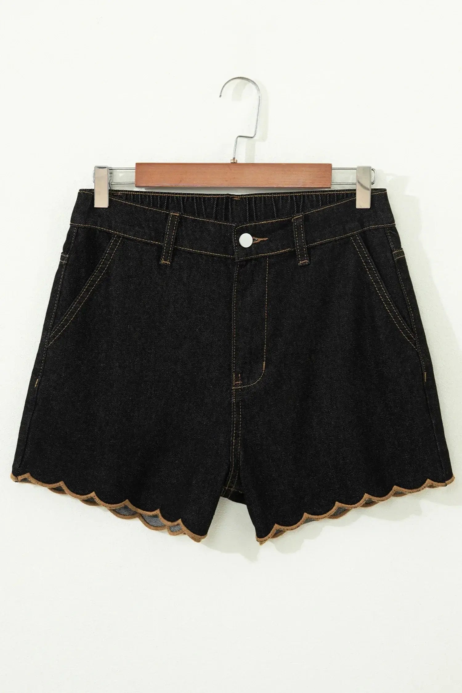 Navy Blue Embroidered Scalloped Trim Relaxed Denim Shorts - Sweet Fashion Wholesale