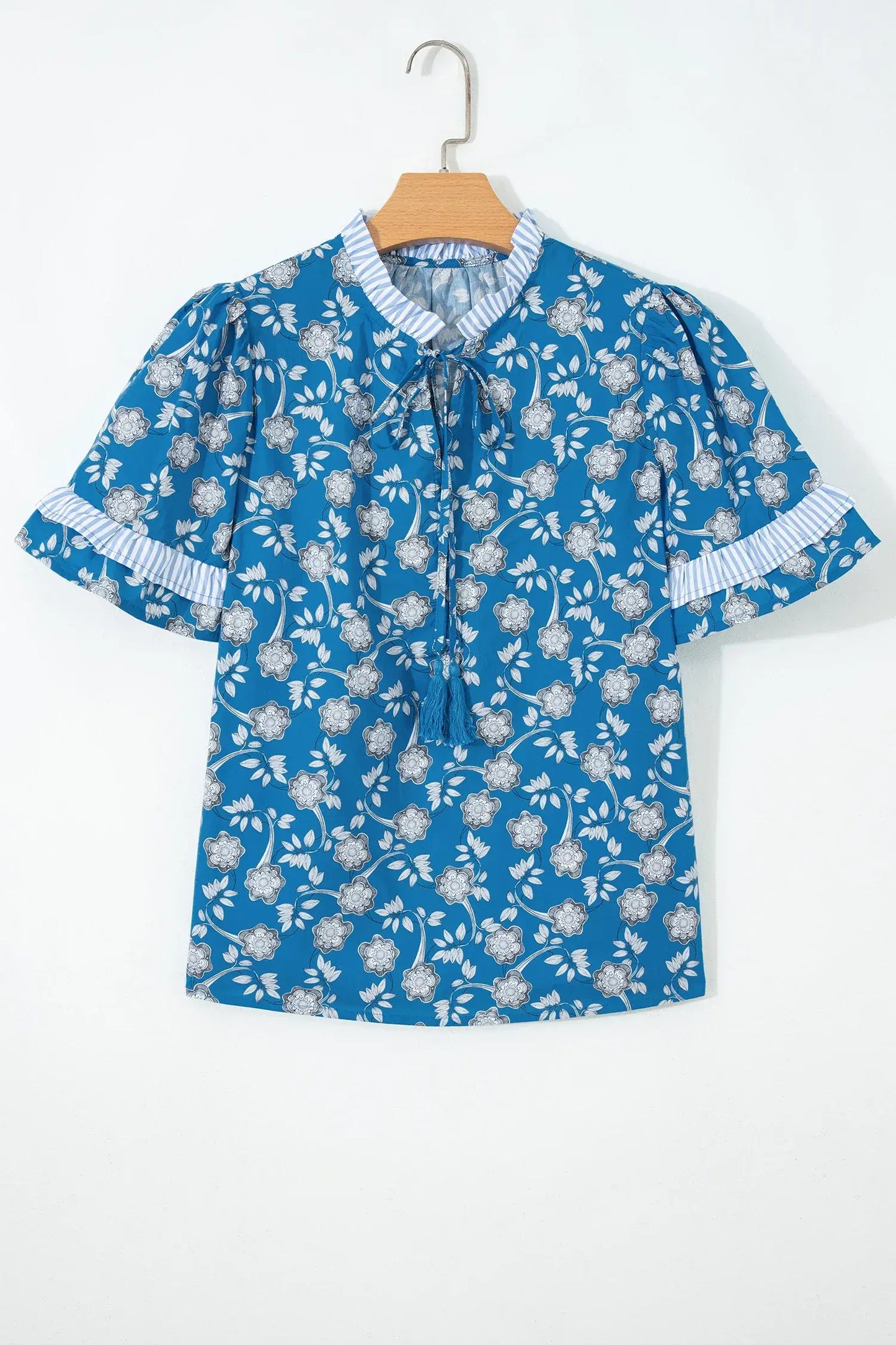 Blue Floral Print Button Tie Neck Striped Detail Short Sleeve Blouse - Sweet Fashion Wholesale