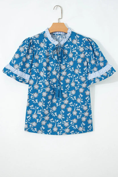 Blue Floral Print Button Tie Neck Striped Detail Short Sleeve Blouse - Sweet Fashion Wholesale