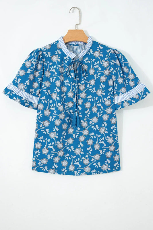 Blue Floral Print Button Tie Neck Striped Detail Short Sleeve Blouse - Sweet Fashion Wholesale