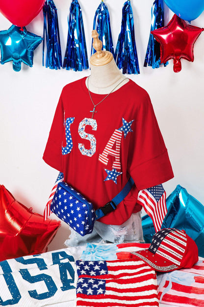 Fiery Red Patriotic USA Slogan Patch Embroidery Short Sleeve T Shirt