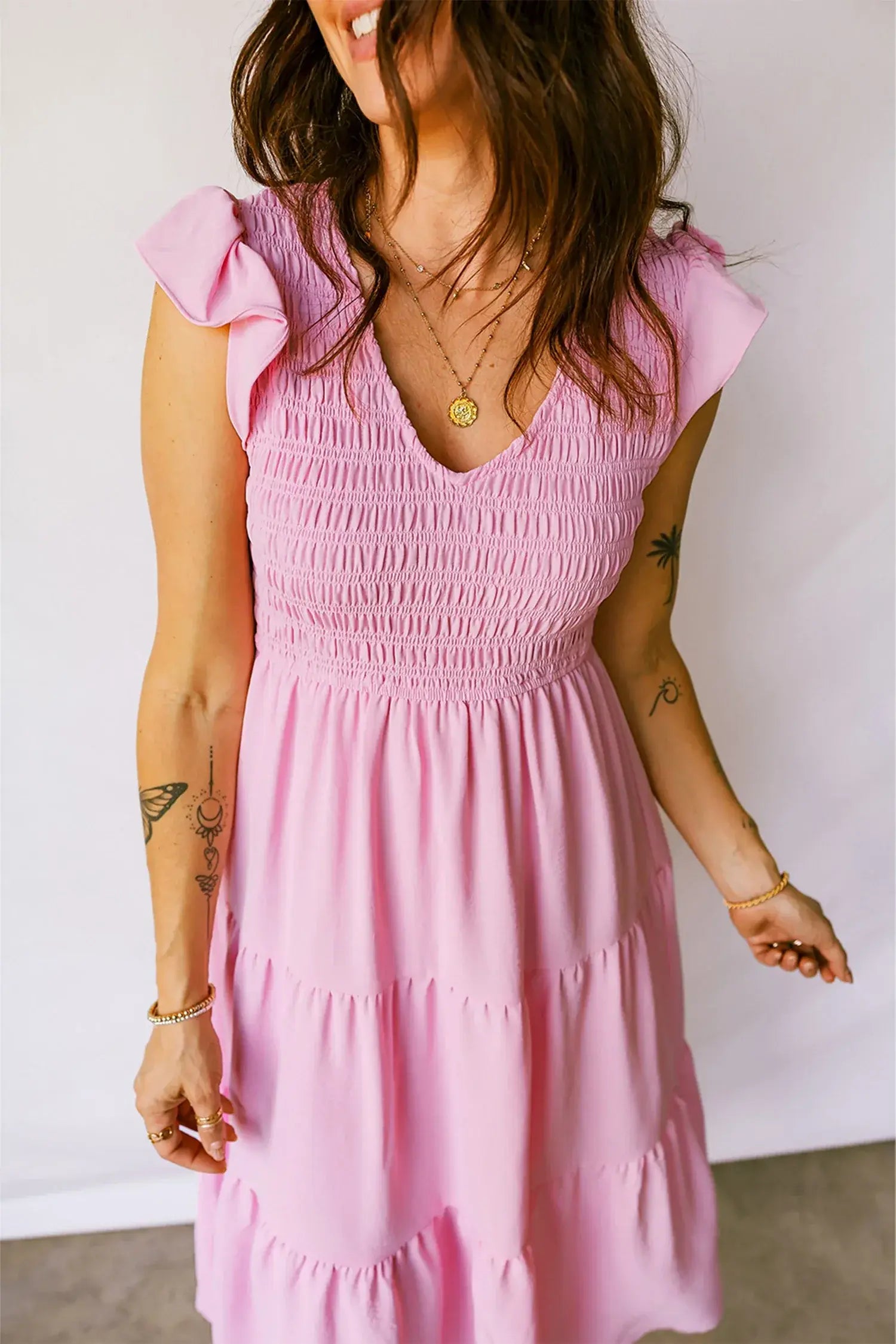 Pink Smocked Bodice Flutter Sleeve Fit Flare Tiered Midi Dress - Sweet Fashion Wholesale