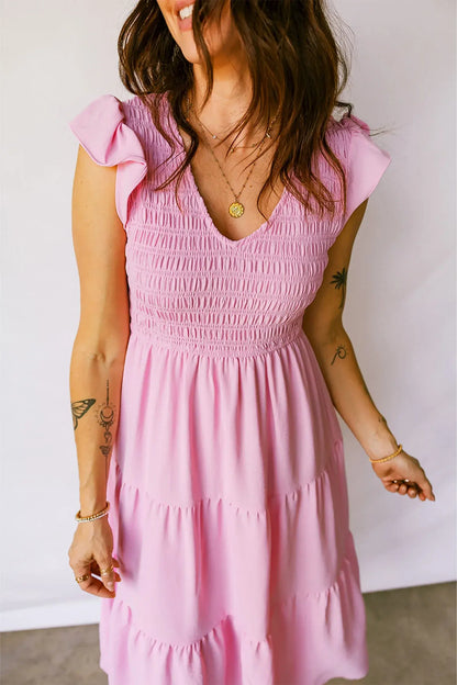 Pink Smocked Bodice Flutter Sleeve Fit Flare Tiered Midi Dress - Sweet Fashion Wholesale