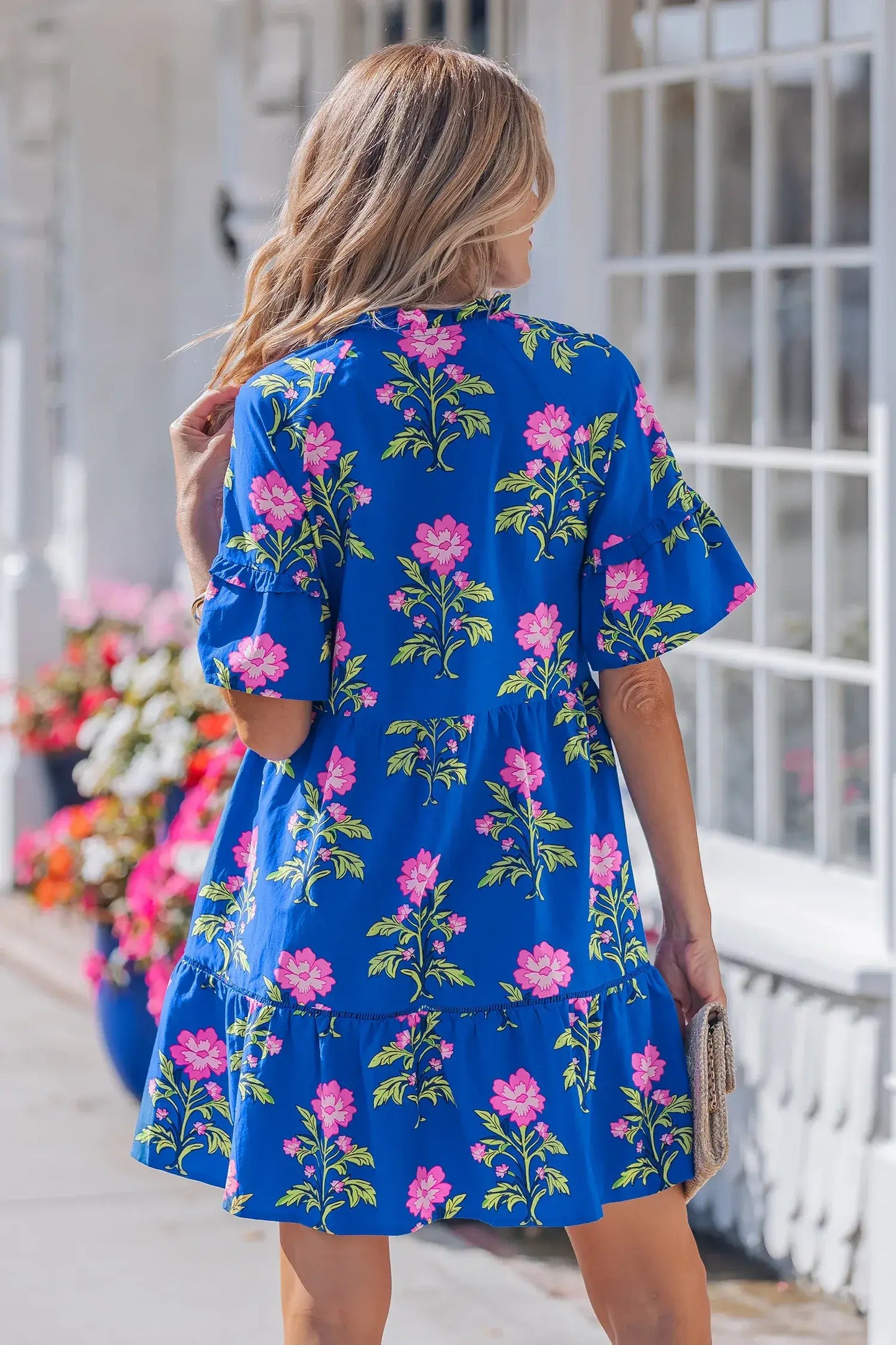 Blue V Neck Short Sleeve Loose Flower Dress - Sweet Fashion Wholesale