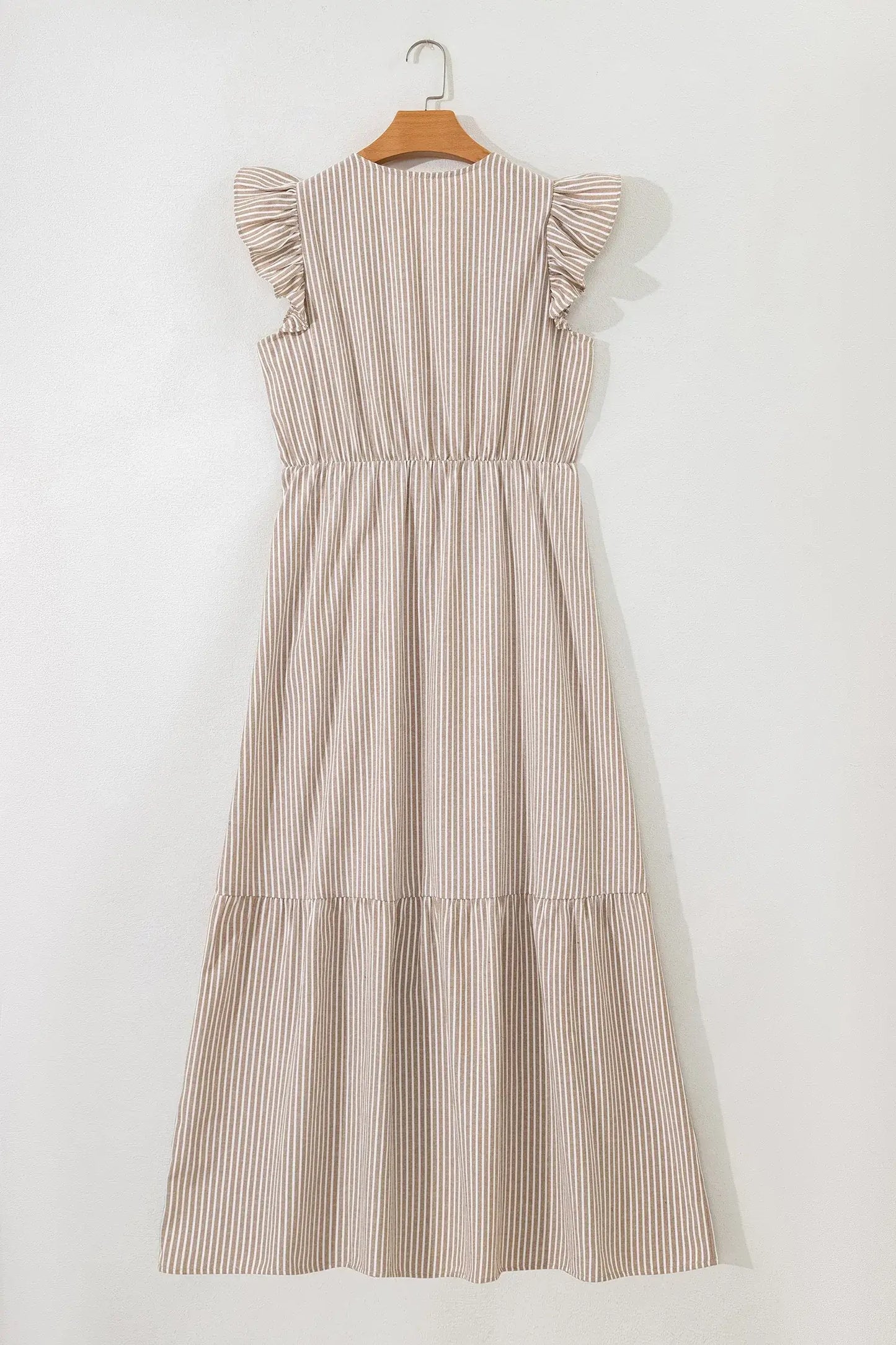 Khaki Stripe Flutter Sleeve Buttoned Front Slit Maxi Dress - Sweet Fashion Wholesale