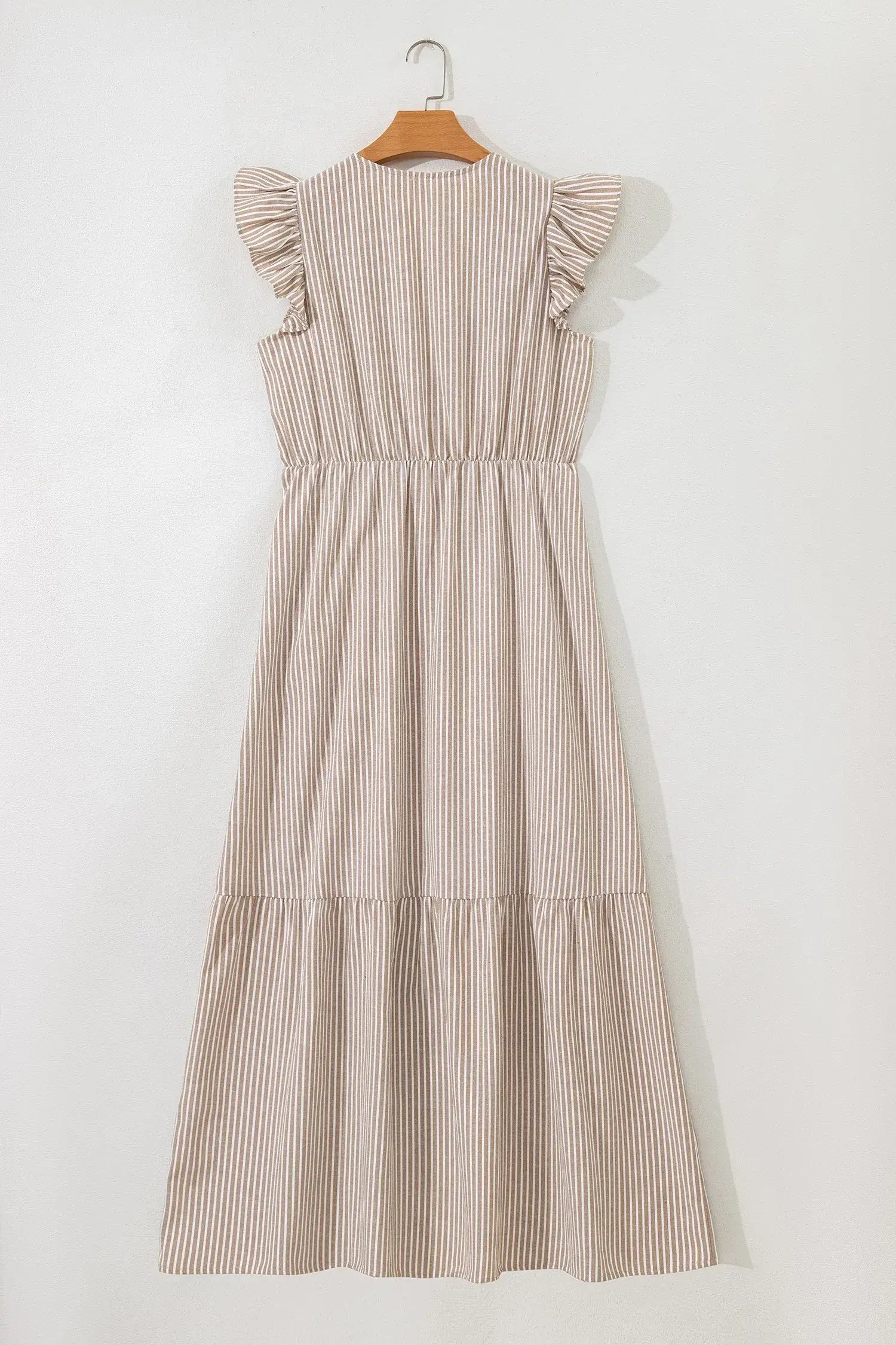 Khaki Stripe Flutter Sleeve Buttoned Front Slit Maxi Dress - Sweet Fashion Wholesale
