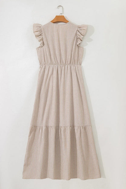 Khaki Stripe Flutter Sleeve Buttoned Front Slit Maxi Dress - Sweet Fashion Wholesale