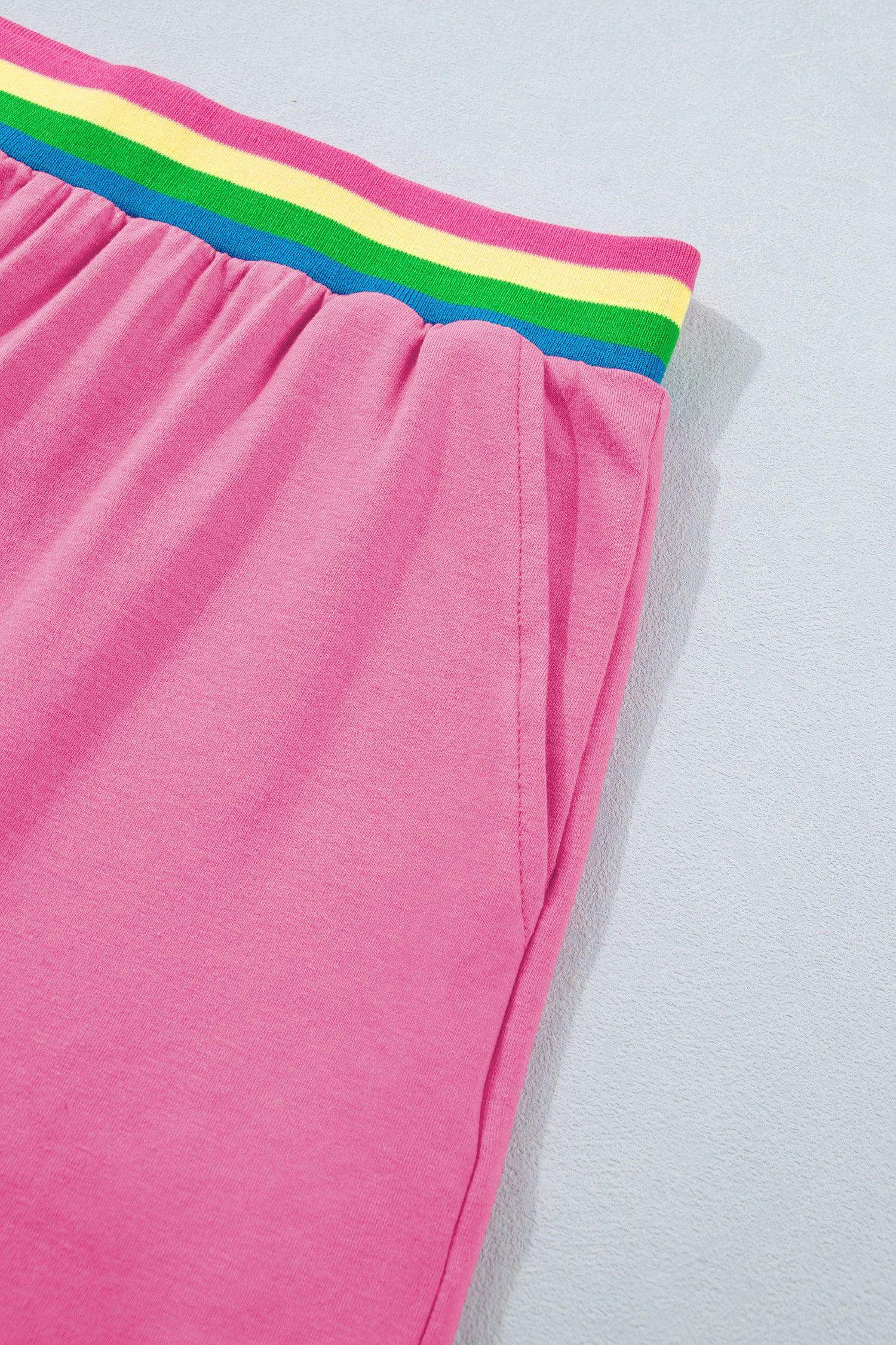 Bright Pink Seam Detail Raw Edge Tee Rainbow Waistband Casual Short Set - Sweet Fashion Wholesale