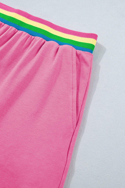 Bright Pink Seam Detail Raw Edge Tee Rainbow Waistband Casual Short Set - Sweet Fashion Wholesale