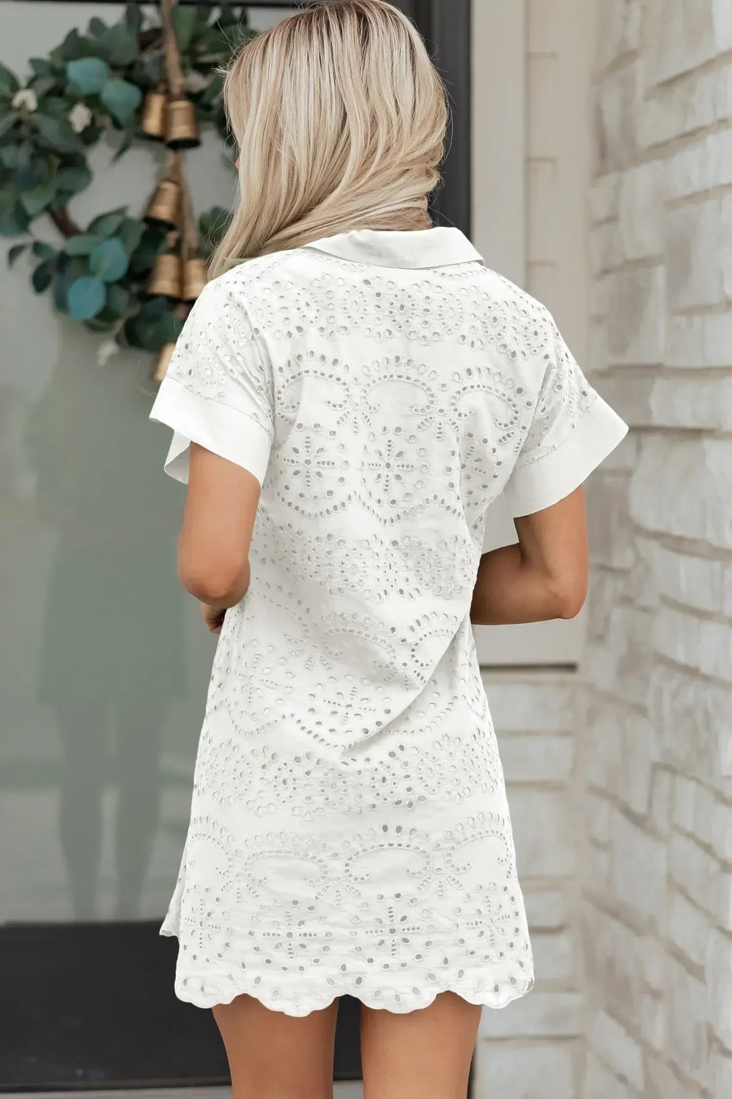 White Solid Color Eyelet Embroidered T Shirt Mini Dress - Sweet Fashion Wholesale