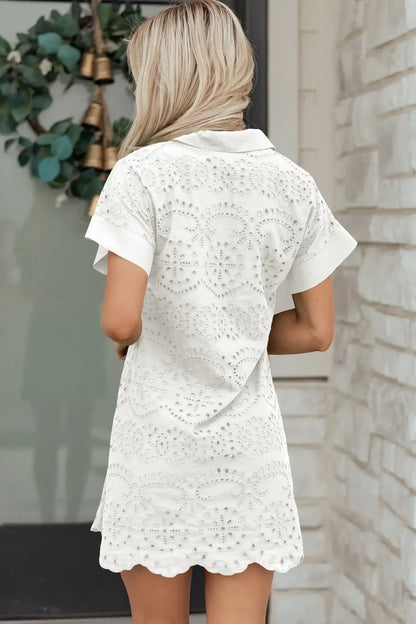 White Solid Color Eyelet Embroidered T Shirt Mini Dress - Sweet Fashion Wholesale