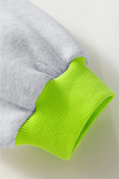 Light Grey Contrast Color Banding Patchwork Puff Sleeve Loose Sweatshirt