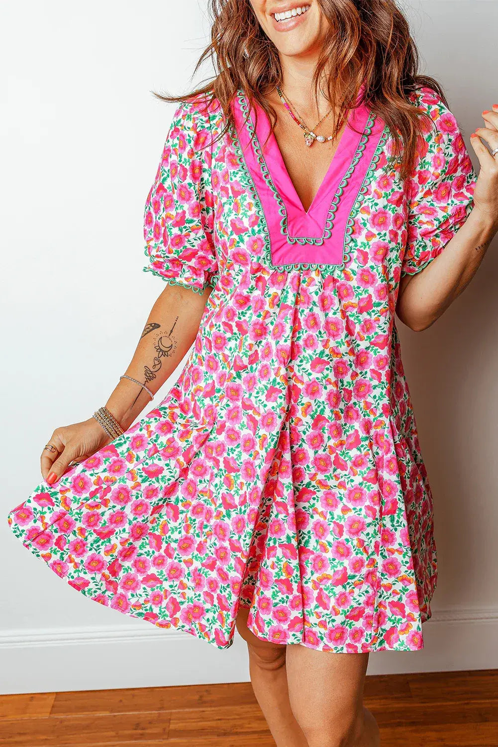 Pink Floral Print V Neck Patchwork Short Bubble Sleeve Mini Dress - Sweet Fashion Wholesale