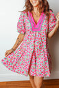 Pink Floral Print V Neck Patchwork Short Bubble Sleeve Mini Dress - Sweet Fashion Wholesale