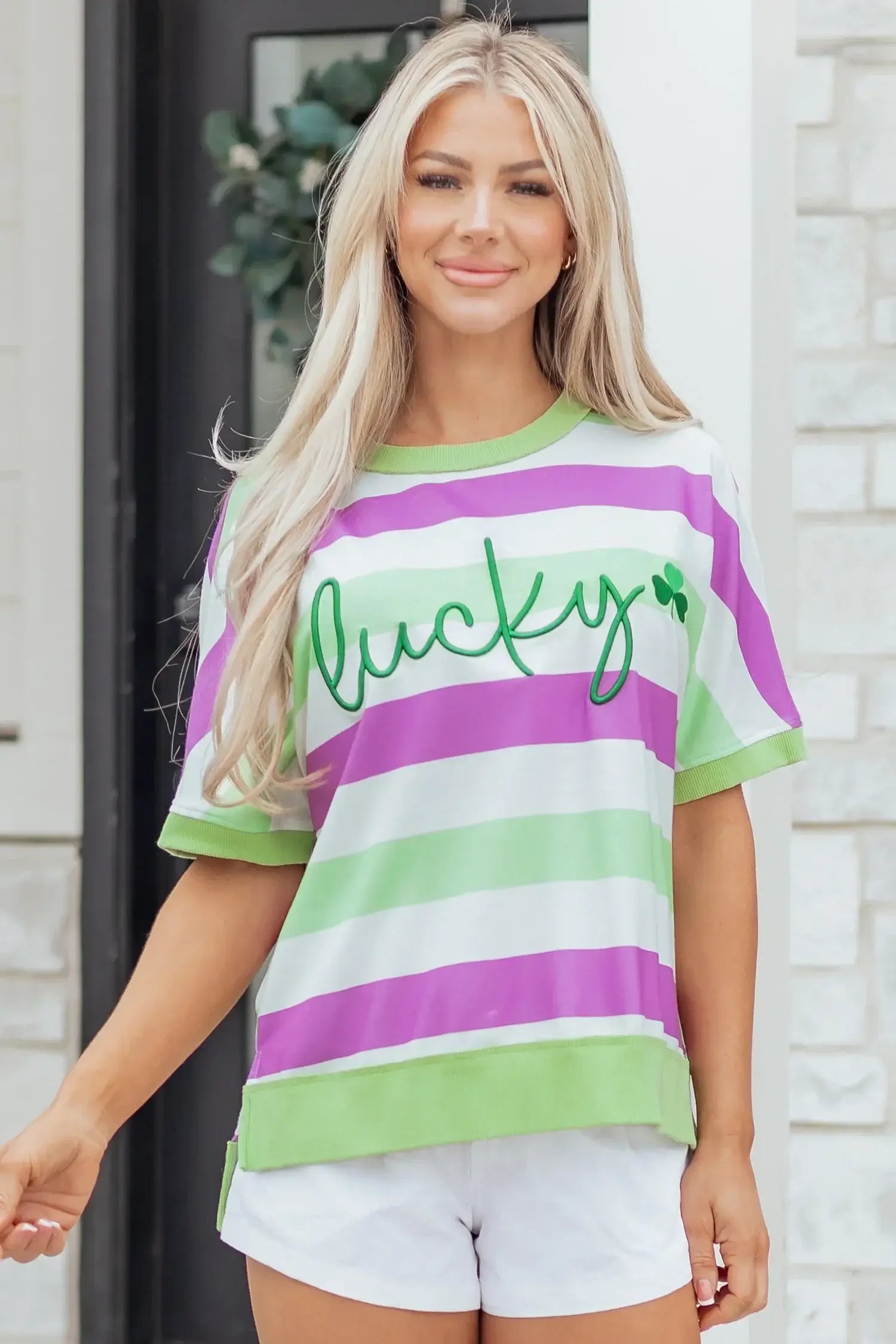 Green Stripe Lucky Clover Embroidered Graphic Dolman Loose Tee - Sweet Fashion Wholesale