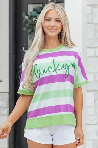 Green Stripe Lucky Clover Embroidered Graphic Dolman Loose Tee - Sweet Fashion Wholesale