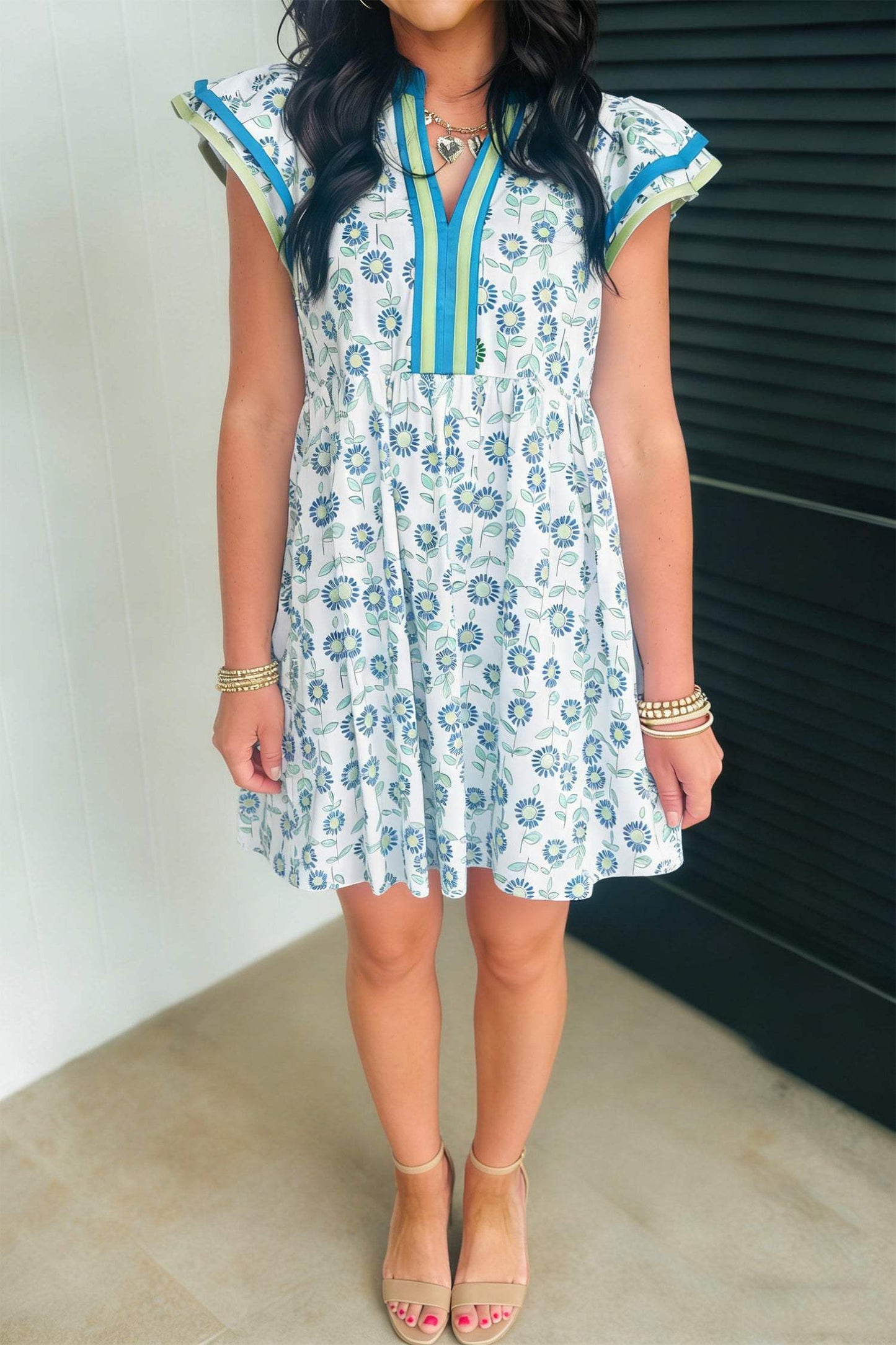 Sky Blue Floral Print Contrast Trim Flutter Sleeve Mini Dress