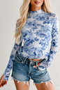 Sky Blue Floral Print Long Sleeve Stand Neck Mesh Top