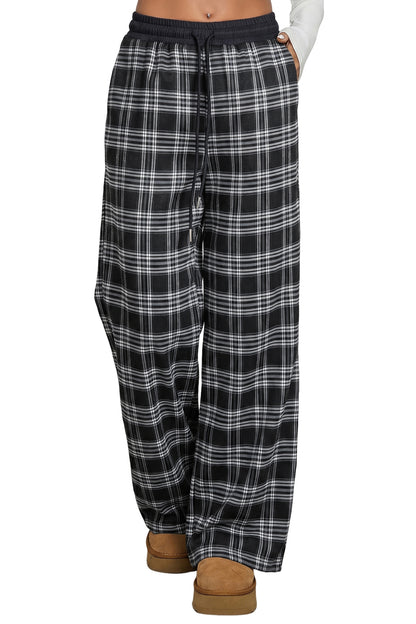 Black Frenchy Plaid Pattern Contrast Drawstring Waist Wide Leg Pants