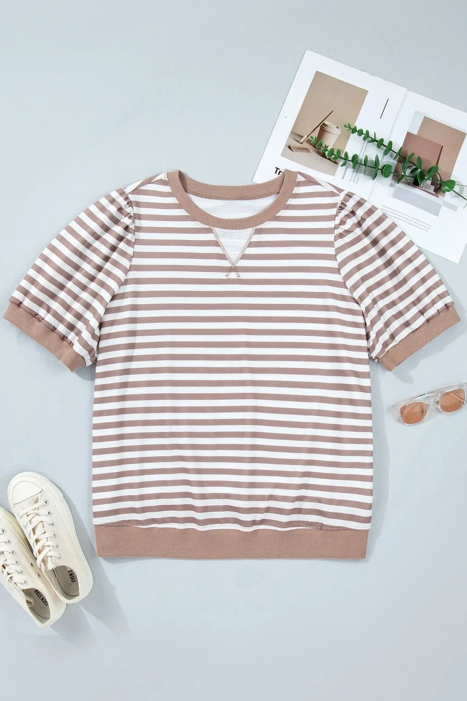 Orange Stripe Ribbed Trim Round Neck Short Puff Sleeve Plus T Shirt - Sweet Fashion Wholesale